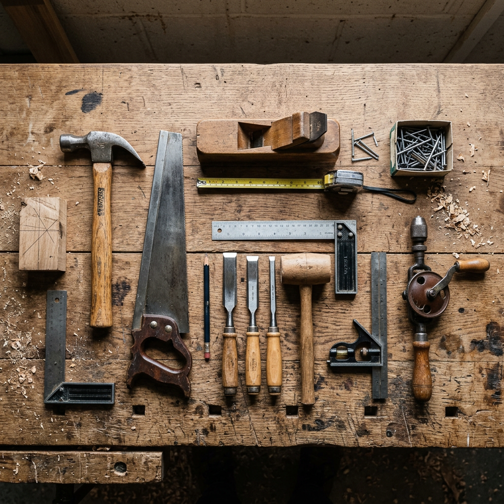 Woodworking tools including hammer, saw, chisels, measuring tape, plane, nails, and hand drill on a workbench