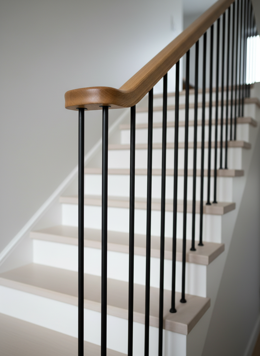 A highly detailed close-up of a staircase balustrade featuring solid Tasmanian oak handrails with a smooth satin finish, aligned over thin black powder-coated steel balusters anchored into crisp white treads. Each joint is tightly executed, with perfect transitions at corners and no visible fixings. The stair rises along a light grey wall in a modern interior, the rest of the staircase softly blurred in the background. Gentle, diffused overcast daylight filters from an unseen stair window, creating soft highlights on the timber curve and neat shadows along each baluster. Captured at a low, upward angle with shallow depth of field, the image focuses on craftsmanship and alignment. The atmosphere is professional and refined, with photographic realism emphasizing quality finishes and precision.