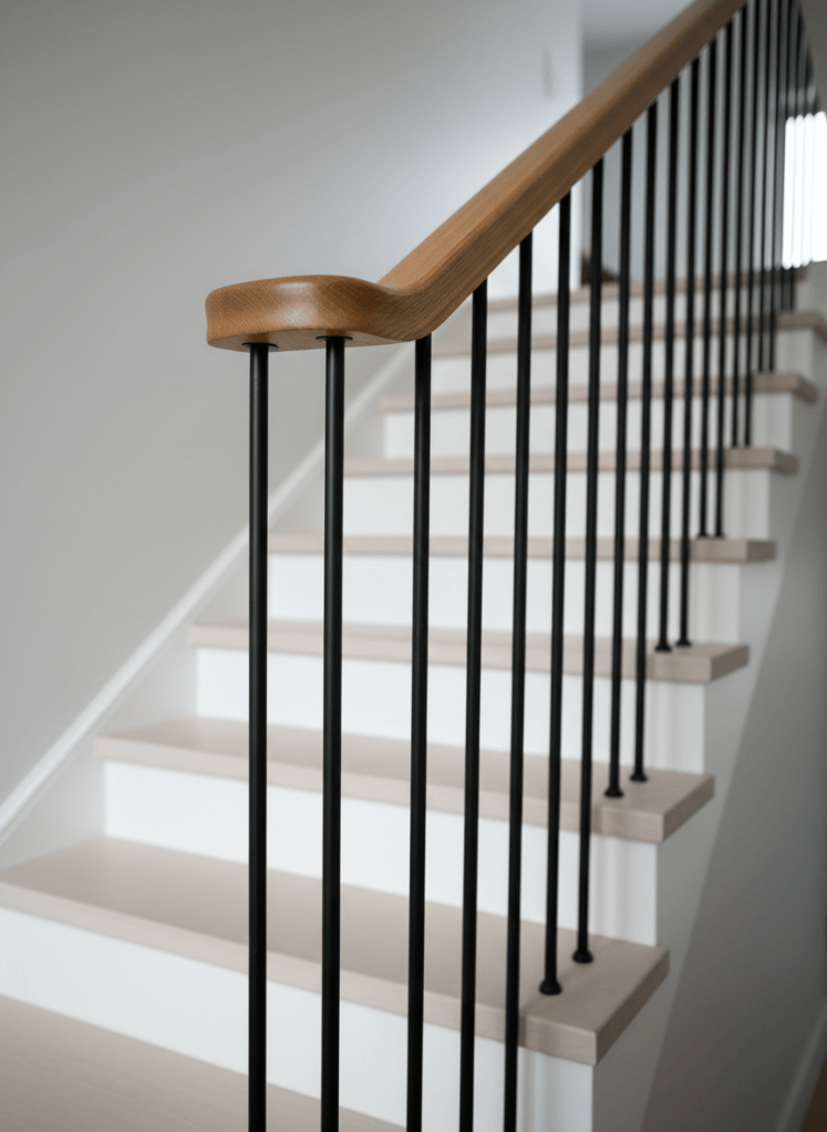 A highly detailed close-up of a staircase balustrade featuring solid Tasmanian oak handrails with a smooth satin finish, aligned over thin black powder-coated steel balusters anchored into crisp white treads. Each joint is tightly executed, with perfect transitions at corners and no visible fixings. The stair rises along a light grey wall in a modern interior, the rest of the staircase softly blurred in the background. Gentle, diffused overcast daylight filters from an unseen stair window, creating soft highlights on the timber curve and neat shadows along each baluster. Captured at a low, upward angle with shallow depth of field, the image focuses on craftsmanship and alignment. The atmosphere is professional and refined, with photographic realism emphasizing quality finishes and precision.