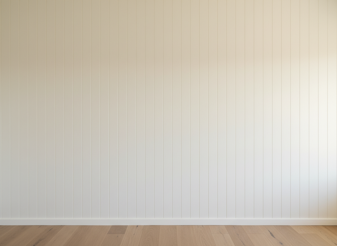 A finely finished feature wall of vertical VJ wall panelling painted in a soft warm white, each board perfectly aligned with consistent grooves, running from skirting to ceiling in a renovated Brisbane living room. The lower edge meets a simple, square-set skirting board, also flawlessly painted, above a pale oak floor with subtle grain. Late-afternoon sunlight grazes across the wall at a shallow angle from the right, creating delicate shadows within each groove and emphasizing straightness and precision. Captured straight-on with the composition filling the frame, the emphasis is on texture, alignment, and clean lines. The photographic realism and minimalist, professional aesthetic communicate meticulous finishing work and a polished final result.