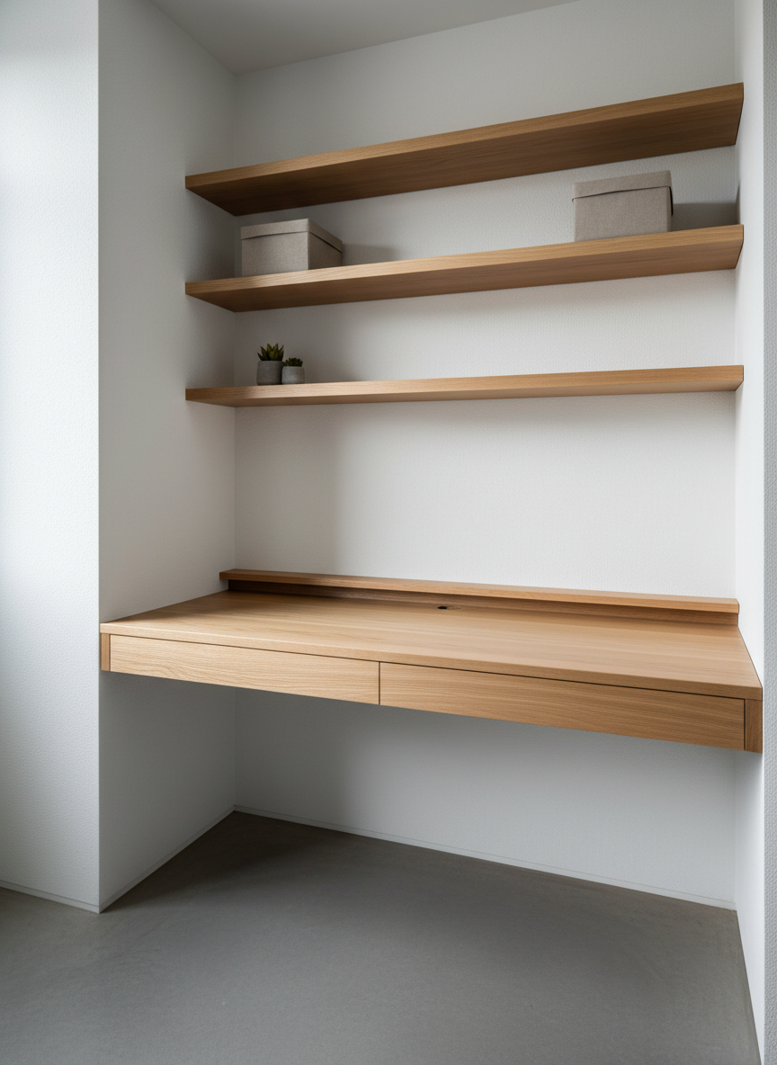 A detailed interior scene of a custom-built home office nook, featuring a floating desk in light American oak with visible straight grain, chamfered front edge, and seamlessly integrated cable slot. The desk spans perfectly between two textured white walls, supported by concealed brackets so it appears to hover above a matte concrete floor. Above, matching oak shelves are precisely aligned, holding a few neatly arranged neutral-toned storage boxes. Soft, indirect daylight from the left creates understated highlights on the timber and gentle shadow gradients against the wall. Photographed from a slightly elevated eye-level angle with sharp focus throughout, the composition feels balanced and uncluttered. The photographic style is clean and modern, conveying efficient, reliable carpentry tailored to small Brisbane spaces.