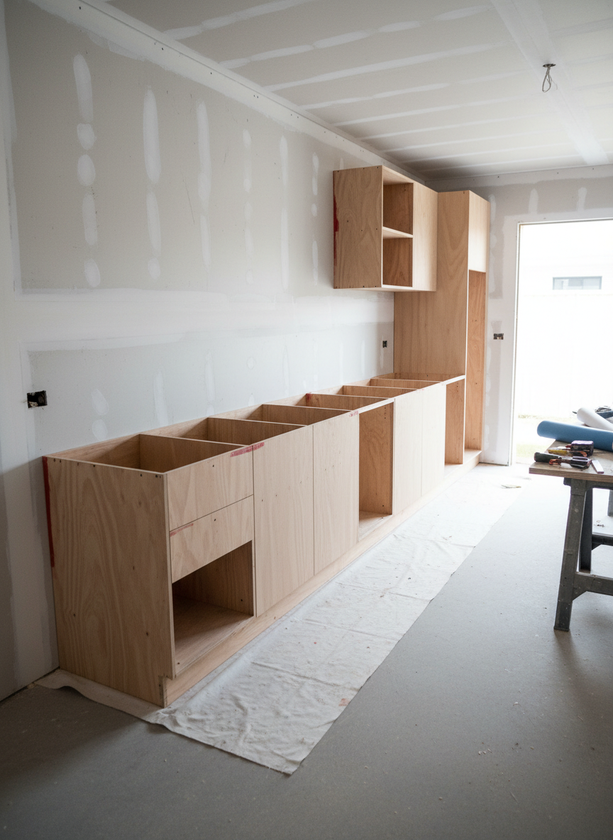 An under-construction kitchen scene focusing on newly installed plywood cabinetry carcasses in a Brisbane renovation, their edges perfectly square and joints cleanly glued and screwed. The cabinets line two walls of a bare room with exposed plasterboard and concrete floor, a protective drop sheet partially covering the ground. Cool, diffused daylight enters from a large opening, illuminating the raw timber and casting gentle shadows into the cabinet interiors. The camera is placed at a slightly elevated corner angle, providing a clear view down both runs of cabinetry and the alignment of boxes. The photographic style is documentary yet clean, conveying professionalism, progress, and reliable timelines, with a mood of ordered, controlled work rather than chaotic construction.