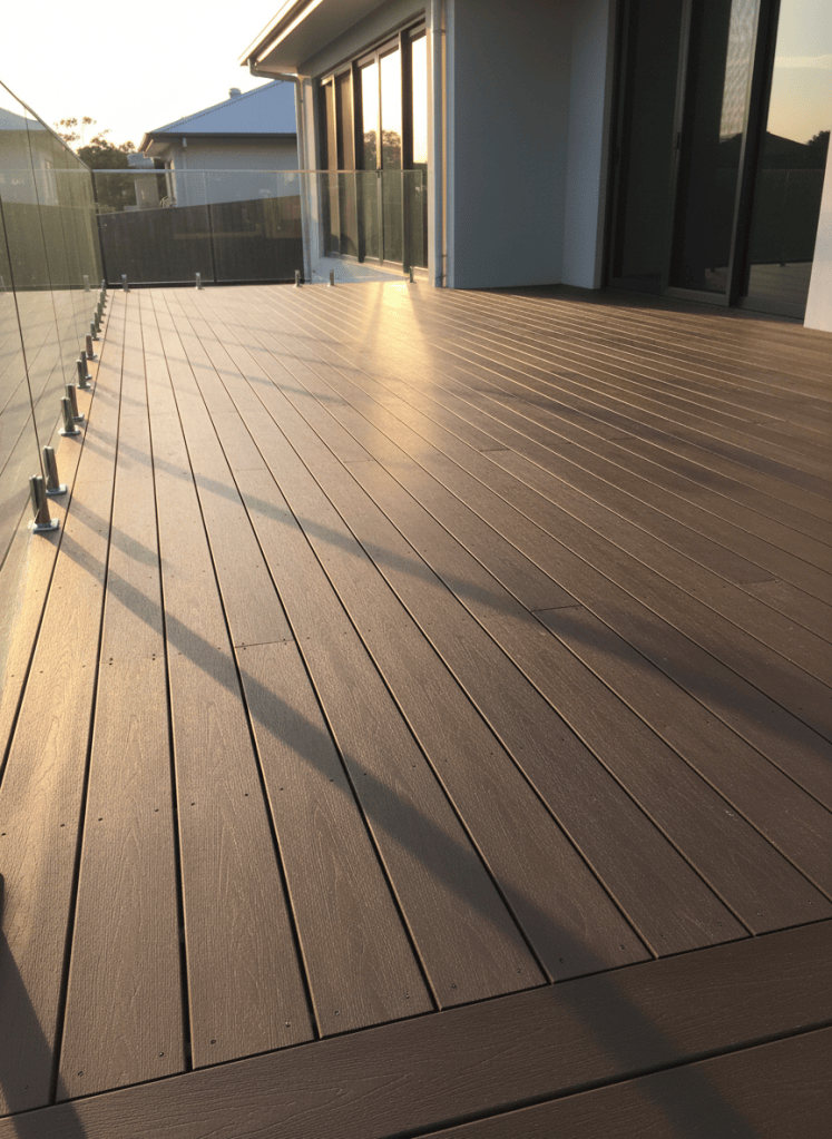 An expansive, sunlit outdoor deck constructed from rich, chocolate-brown composite boards with fine woodgrain texture, perfectly spaced and running in long, straight lines toward a sleek glass balustrade. The deck adjoins a contemporary Brisbane home façade with smooth rendered walls and dark-framed sliding doors in the distance. Golden hour sunlight washes across the deck, highlighting the subtle variations in tone and casting elongated, clean-edged shadows from the minimalist steel posts. Captured from a low, slightly angled perspective at one corner, the composition leads the eye diagonally through the frame, showcasing the quality of installation and levelness. Photographic realism with a clean, professional mood conveys durability, reliability, and the enjoyment of a finished outdoor carpentry project.