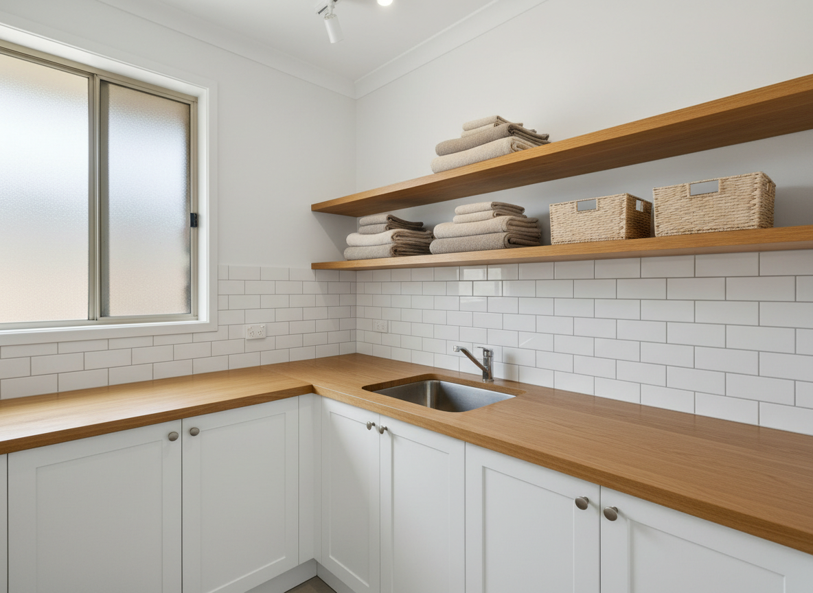 A compact, custom-built laundry fit-out featuring crisp white shaker-style cabinets, a warm oak benchtop with a gentle rounded edge, and a deep stainless steel undermount sink set perfectly flush. Above, open oak shelves hold neatly stacked neutral towels and simple storage baskets. The back wall is finished with small, matte white subway tiles laid in a stacked pattern with perfectly even grout lines. Bright but soft overhead lighting combines with diffused natural daylight from a nearby frosted window, creating an evenly lit, welcoming space with faint shadows for depth. Photographed from a slightly wide, eye-level angle with sharp focus, the composition shows the entire joinery layout. The mood is clean, organised, and professional, highlighting practical, high-quality Brisbane carpentry.