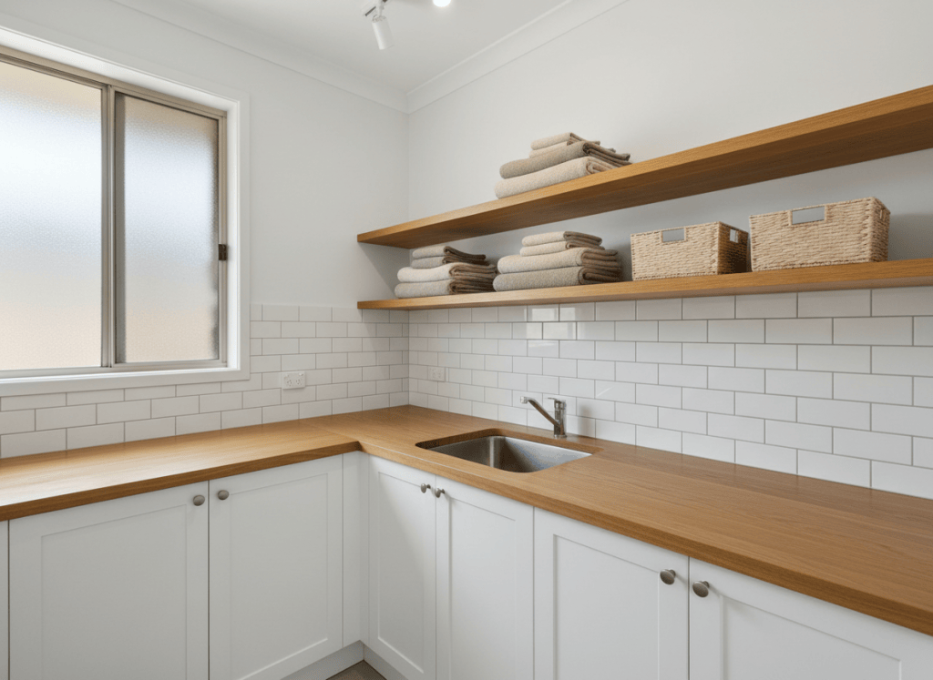 A compact, custom-built laundry fit-out featuring crisp white shaker-style cabinets, a warm oak benchtop with a gentle rounded edge, and a deep stainless steel undermount sink set perfectly flush. Above, open oak shelves hold neatly stacked neutral towels and simple storage baskets. The back wall is finished with small, matte white subway tiles laid in a stacked pattern with perfectly even grout lines. Bright but soft overhead lighting combines with diffused natural daylight from a nearby frosted window, creating an evenly lit, welcoming space with faint shadows for depth. Photographed from a slightly wide, eye-level angle with sharp focus, the composition shows the entire joinery layout. The mood is clean, organised, and professional, highlighting practical, high-quality Brisbane carpentry.