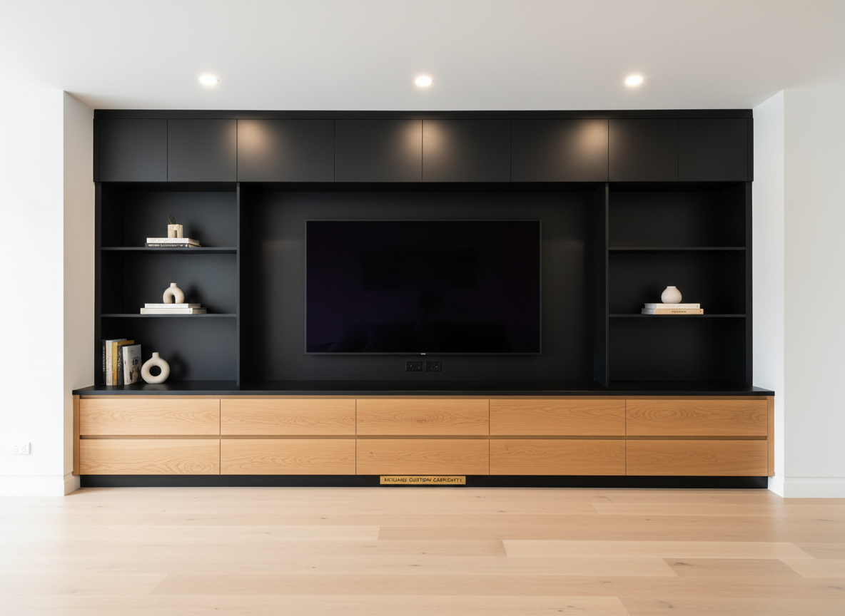 A bespoke entertainment unit in a living room, built from matte black joinery board combined with warm natural oak drawer fronts, all perfectly flush with push-to-open hardware. The unit spans an entire wall, framing a large, powered-off TV with concealed cable channels and symmetrical open shelving. The surrounding room has smooth white walls and a pale timber floor, kept minimal for a clean presentation. Recessed ceiling lights cast soft, even illumination, while subtle reflections on the black surfaces are balanced by warm highlights on the oak. Shot straight-on at eye level with strong horizontal and vertical lines, the composition feels orderly and structured. Photographic realism and a professional mood underline the reliability and planning behind this custom Brisbane carpentry project.