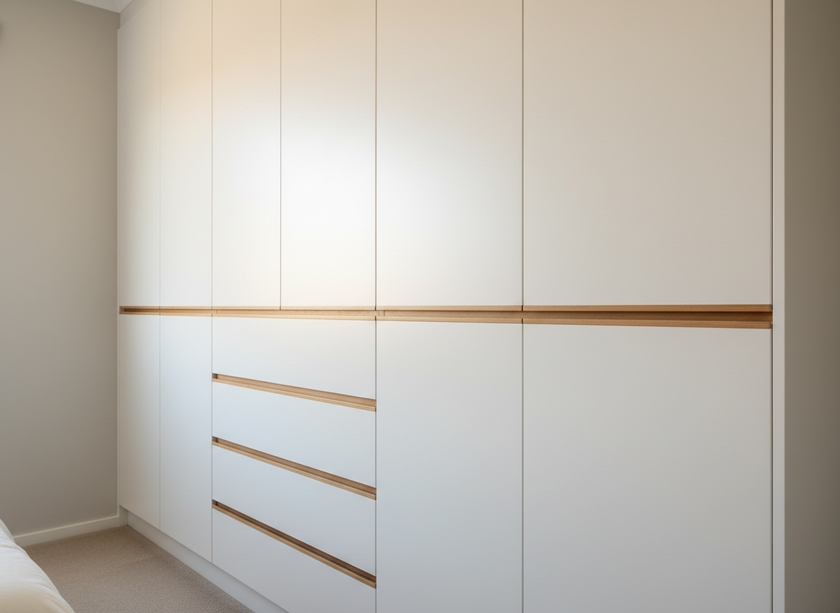 A close-up photographic view of a built-in custom wardrobe made from smooth, matte white cabinetry with natural oak finger-pull trim, each door perfectly aligned with razor-straight gaps. The wardrobe is integrated wall-to-wall in a freshly renovated Brisbane bedroom with pale grey walls and plush neutral carpet. Diffused afternoon light from a nearby window softly illuminates the surfaces, creating subtle reflections on the satin paint and gentle shadows in the recessed handles. The framing is tight and horizontal, emphasizing precision joinery, crisp corners, and seamless integration. Shot with a shallow depth of field so the foreground panels are tack sharp while the background softly falls away, the mood is calm, ordered, and highly professional, reinforcing a sense of quality finishes and attention to detail.